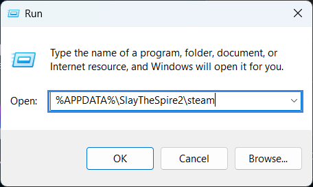 The Windows Run dialog with %APPDATA%\SlayTheSpire2\steam typed into the Open box