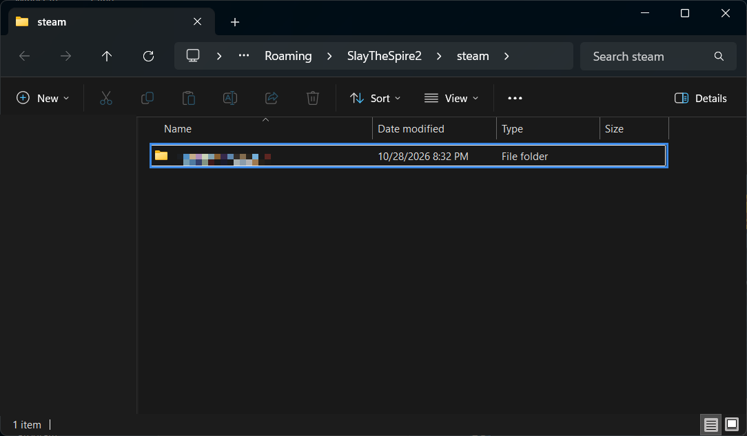 File Explorer showing the steam folder containing one numbered Steam ID folder