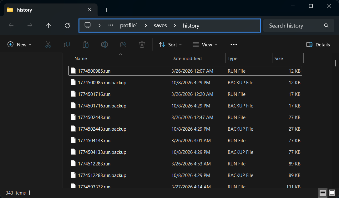 File Explorer showing the history folder full of .run files